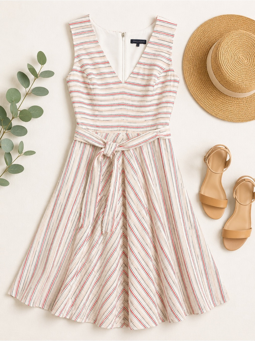 Tommy Hilfiger Cream Midi Dress with Red & Blue Stripes
